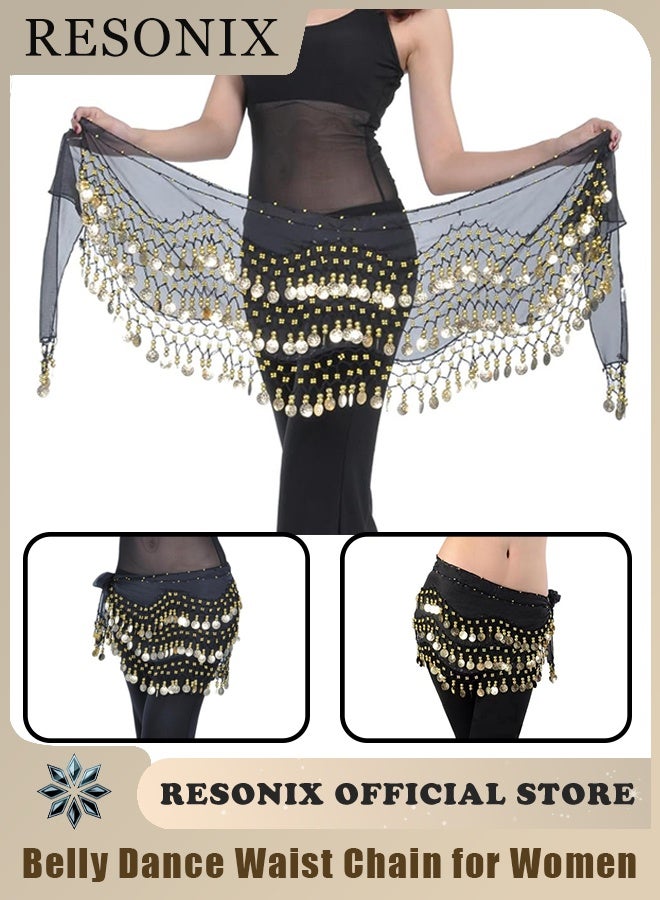 RESONIX Belly Dance Waist Chain for Women with 128 Gold Coins, Chiffon Coin Belt Adjustable Waist Wrap for Dance Performance, Fitness & Practice - Image 1
